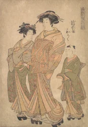 Die Oiran Wakoku von Echizen-ya begleitet von einer Shinzo und einer Kamuro, ca. 1778