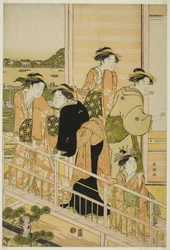Frauen auf einem Balkon eines Yoshiwara-Teestuben