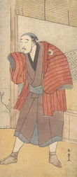 Onoe Matsusuke als Diener neben einem Haus stehend, ca. 1793