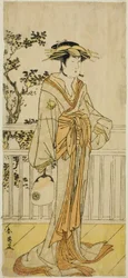 Der Schauspieler Iwai Hanshiro IV als Okumi vom Mieido-Fanshop im Stück Sanjuk-koku Yobune no Hajimari, aufgeführt im Ichimura-Theater im fünften Monat, 1789