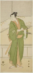 Der Schauspieler Iwai Hanshiro IV als Shirai Gompachi im Stück Gozen-gakari Sumo Soga, aufgeführt im Kawarazaki-Theater im zweiten Monat, 1793
