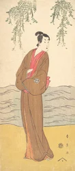Der dritte Segawa Kikunojo als Hisamatsu am Ufer stehend, ca. 1795