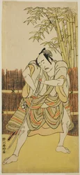Der Schauspieler Bando Mitsugoro I als Ogata no Saburo verkleidet als Yoroya Takiemon im Stück Mure Takamatsu Yuki no Shirahata, aufgeführt im Ichimura-Theater im elften Monat, 1780