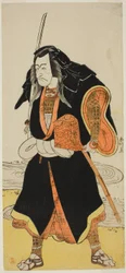 Der Schauspieler Ichikawa Danjuro V, wahrscheinlich als Ise no Saburo verkleidet als Sanjo Uemon, Anführer einer Räuberbande, im zweiten Teil des Stücks Fude-hajime Kanjincho (Erste Kalligraphie des neuen Jahres: Kanjincho [Die Abonnentenliste]), aufgeführ