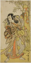 Der Schauspieler Ichikawa Danjuro V als Kazusa no Akushichibyoe Kagekiyo verkleidet als blinder Hofmusiker (Kengyo) im Stück Edo Meisho Midori Soga, aufgeführt im Morita-Theater im vierten Monat, 1779