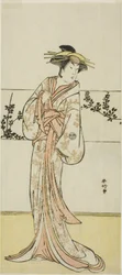 Der Schauspieler Segawa Kikunojo III, möglicherweise als Kurtisane Kojoro von Hakata, im Stück Chiyo no Hajime Ondo no Seto (Anfänge der Ewigkeit: Die Ondo-Straßen im Seto-Binnenmeer), aufgeführt im Kiri-Theater ab dem siebenundzwanzigsten Tag des Siebten