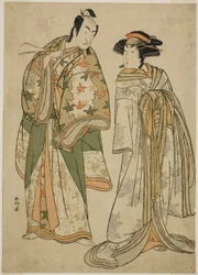 Die Schauspieler Segawa Kikunojo III als Kurtisane Sumizome (rechts) und Ichikawa Monnosuke II als Goinosuke Yoshimine (links) im Stück Juni-hitoe Komachi-zakura, aufgeführt im Kiri-Theater im elften Monat, 1784