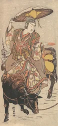 Der Schauspieler Matsumoto Koshiro IV auf einem Ochsen in einem Schneesturm, ca. 1790