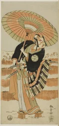 Schauspieler Ichimura Uzaemon IX als Kajiwara Genta no Kagetoki (Links), Segawa Kikunojô II als Yuki Onna (Mitte) und Arashi Sangorô II als Minamoto no Yoritomo (Rechts) in „Baumwollwatte von Izu, die die ehelichen Chrysanthemen schützt“