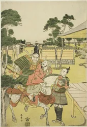 Musashibo Benkei bringt den gefangenen Tosabo Shoshun zu Yoshitsune im Stück Horikawa Youchi no Zu Uki-e Nimaitsuzuki