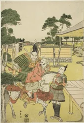 Musashibo Benkei bringt den gefangenen Tosabo Shoshun zu Yoshitsune im Stück Horikawa Youchi no Zu Uki-e Nimaitsuzuki