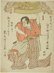 Der Schauspieler Arashi Hinasuke I als Watanabe Choshichi Tonau im Stück Tokimekuya O-Edo no Hatsuyuki, aufgeführt im Morita Theater ab dem ersten Tag des elften Monats, 1780