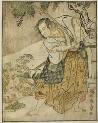 Der Schauspieler Ichikawa Danjuro V als Ogata no Sabura (?) im Stück Nue no Mori Ichiyo no Mato, aufgeführt im Nakamura-Theater im elften Monat, 1770