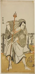 Der Schauspieler Ichikawa Danjuro V als Taira no Masakado verkleidet als Pilger Junjo im Stück Masakado Kammuri no Hatsuyuki, aufgeführt im Nakamura-Theater im elften Monat, 1777