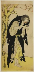 Der Schauspieler Ichikawa Monnosuke II als der abtrünnige Mönch Zenjibo verkleidet als Dainichibo im Stück Edo no Fuji Wakayagi Soga, aufgeführt im Nakamura-Theater im ersten Monat, 1789