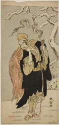 Der Schauspieler Ichimura Uzaemon IX als Aza-maru im Stück Yui Kanoko Date-zome Soga, aufgeführt im Ichimura-Theater im ersten Monat, 1774
