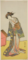 Der Schauspieler Iwai Hanshiro IV als Kurtisane Agemaki im Stück Sukeroku Yukari no Hatsu-zakura, aufgeführt im Ichimura-Theater im dritten Monat, 1776