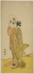 Der Schauspieler Nakamura Matsue I als Kasaya Sankatsu (?) im Stück Hana no Gosho Konegen Butai (?), aufgeführt im Nakamura Theater (?) im achten Monat, 1772 (?)