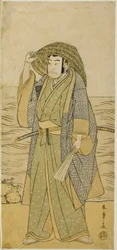 Der Schauspieler Nakamura Nakazo I als Kume no Heinaizaemon verkleidet als Straßenwahrsager Kosaka Jinnai, im Stück Kotobuki Banzei Soga, aufgeführt im Ichimura Theater im fünften Monat, 1783