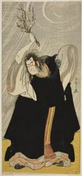Der Schauspieler Nakamura Nakazo I. als Donnergott, eine Inkarnation von Kan Shojo, im Stück Sugawara Denju Tenarai Kagami, aufgeführt im Morita-Theater im dritten Monat 1780