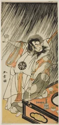 Der Schauspieler Nakamura Nakazo I in der Rolle eines bösen Höflings, wahrscheinlich Prinz Takahito, unehelicher Sohn von Kaiser Takakura, verkleidet als Aso no Matsuwaka, im ersten Teil des Stücks Iro Moyo Aoyagi Soga (Grüne Weide Soga des erotischen Desi
