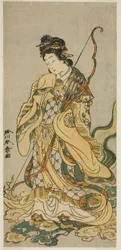 Der Schauspieler Nakamura Noshio I als Göttin Benzaiten von Enoshima im Stück Onno Aruji Hatsuyuki no Sekai, aufgeführt im Morita-Theater im elften Monat, 1773
