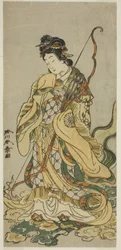Der Schauspieler Nakamura Noshio I als Göttin Benzaiten von Enoshima im Stück Onno Aruji Hatsuyuki no Sekai, aufgeführt im Morita Theater im elften Monat, ca. 1773