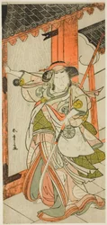 Der Schauspieler Nakamura Tomijuro I als Hangaku Gozen, der das Tor im Stück Wada-gassen Onna Maizuru (Der Wada-Konflikt: Ein Maizuru der Frau) durchbricht, aufgeführt im Nakamura-Theater ab dem fünfundzwanzigsten Tag des siebten Monats, 1777