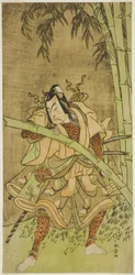 Der Schauspieler Nakamura Tomijuro I als Takenuki Goro im Stück Eho Soga Nen-nen-goyomi, aufgeführt im Morita-Theater im ersten Monat, 1771
