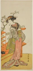Der Schauspieler Nakamura Tomijuro I als Kellnerin Otake im Stück Chigo Suzuri Aoyagi Soga, aufgeführt im Nakamura-Theater im ersten Monat, 1777