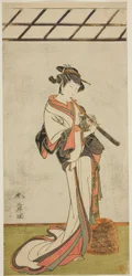 Der Schauspieler Onoe Tamizo I als Oiso no Tora oder Kewaizaka no Shosho, verkleidet als weiblicher Komusu (?), im Stück Yui Kanoko Date-zome Soga (?), aufgeführt im Ichimura-Theater (?) im ersten Monat, 1774 (?)