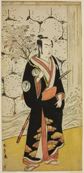 Der Schauspieler Sawamura Sojuro III als Sonobe Zaemon im Stück "Shin Usuyuki Monogatari," aufgeführt im Ichimura-Theater im achten Monat, 1779