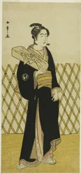 Der Schauspieler Sawamura Sojuro III als Friseur Jirokichi im Stück Shida Choja-bashira, aufgeführt im Nakamura-Theater im achten Monat, 1781