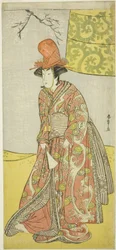 Der Schauspieler Segawa Kikunojo III (?) oder Segawa Otome (?) als Shirabyoshi-Tänzerin in Musume Dojo-ji, im Stück Edo no Hana Mimasu Soga (?) oder Buke no Hana Musume no Adauchi (?), aufgeführt im Nakamura-Theater (?) im vierten Monat, 1783 (?)