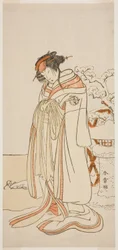 Der Schauspieler Segawa Kikunojo III als Kurtisane Kisewata im Stück Hana-zumo Genji Hiiki, aufgeführt im Nakamura Theater im elften Monat, 1775