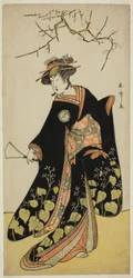 Der Schauspieler Segawa Kikunojo III als der Geist von Joro-gumo (Huren-Spinne) verkleidet als Maiko Tsumagiku (?), im Stück Shitenno Tonoi no Kisewata (?), aufgeführt im Nakamura-Theater (?) im elften Monat, 1781 (?)