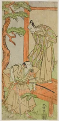 Die Schauspieler Ichikawa Danjuro V als Momonoi Wakasanosuke (rechts) und Nakamura Nakazo I als Kakogawa Honzo (links) im Stück Kanadehon Chushingura, aufgeführt im Nakamura-Theater im fünften Monat, 1771