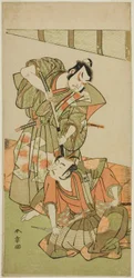 Die Schauspieler Ichikawa Yaozo II als Konoshita Hyokichi (?) (rechts) und Sakata Hangoro II als Matsunaga Daizen Hisahide (?) (links) im Stück Gion Sairei Shinko Ki (?), aufgeführt im Ichimura Theater (?) im fünften Monat, 1775 (?)