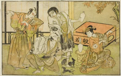 Die Schauspieler Iwai Hanshiro IV als Otatsu-gitsune, Nakamura Nakazo I als Raigo Ajari, Sakata Tojuro III als Kamada Gon-no-kami Masayori und Ichikawa Yaozo II als Sakon-gitsune (von rechts nach links), im Stück "Nue no Mori Ichiyo no Mato," aufgeführt im