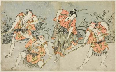 Die Schauspieler Nakamura Kashiwagi als Wakashu (zweiter von rechts) und drei unbekannte Schauspieler als Yakko