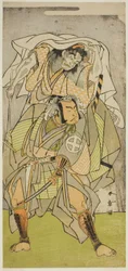 Die Schauspieler Otani Hiroji III als Koga Saburo und Ichimura Uzaemon IX als der Teufel von Kogakeyama, der Geist von Wakasa no Zenji Yasumura, im Stück Kono Hana Yotsugi no Hachi no Ki, aufgeführt im Ichimura-Theater im elften Monat, 1771