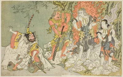 Die Schauspieler Sawamura Kijuro I als Ikazuchi Shinno, Prinz des Donners (ganz links), Ichikawa Danjuro V als buddhistische Gottheit Fudo (zweiter von links), Nakamura Sukegoro II als Seitaka Doji (zweiter von rechts) und Bando Mitsugoro I als Kongara Doj