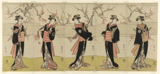 Die Schauspieler Segawa Kikunojo III als Karigane Obun, Nakayama Tomisaburo I als An no Oyasu, Iwai Kiyotaro II als Kaminari no Osha, Nakayama Tatezo I als Gokuin no Osen und Ichikawa Monnosuke II als Hotei no Oichi (von rechts nach links), in "Gonin Onna,