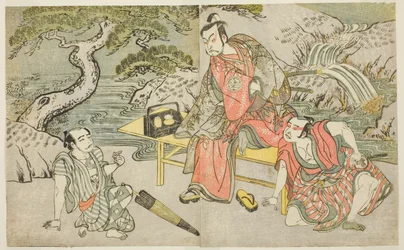 Die Schauspieler Tomizawa Hanzaburo II als Nagoya Sanzaemon (oft Sanza genannt) (rechts), Nakamura Juzo II als Fuwa Banzaemon (Mitte) und ein unbekannter Schauspieler als der Taschendieb Matsumoto Daishichi (links), im Stück Fuki Kaete Tsuki mo Yoshiwara, 