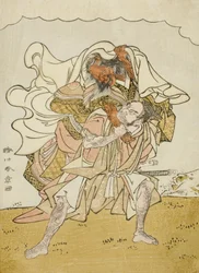 Der Krieger Omori Hikoshichi trägt einen weiblichen Dämon auf seinem Rücken, ca. 1772 (Farbholzschnitt)