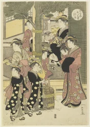 Drei Kurtisanen des Ōgiya-Hauses und ihre Begleiter