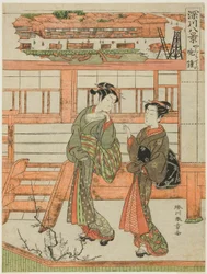 Yagurashita no Bansho (Abendglocke bei Yagurashita), Kurtisane und ihr Begleiter im unautorisierten Vergnügungsviertel Yagurashita in Fukagawa, aus der Serie "Fukagawa Hakkei (Acht Ansichten von Fukagawa)"