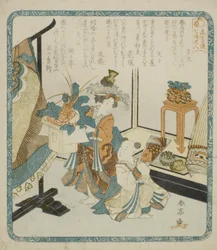 Zwei junge Begleiter am Neujahrstag aus der Serie "Sieben Frauen als die Götter des Glücks für den Hanagasa-Poesieclub (Hanagasaren shichifukujin)"