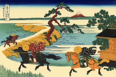 36 Ansichten des Berges Fuji, Japan: Ansicht des Dorfes Sekiya am Sumida-Fluss, Japan