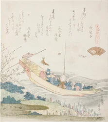 Fähre auf dem Sumida-Fluss, Illustration für die Hauptstadtmuschel (Miyako-gai), aus der Serie "Ein Zuordnungsspiel mit Gedichtmuscheln aus der Genroku-Zeit (Genroku kasen kai awase)"